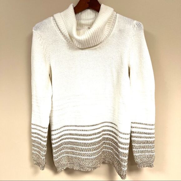 MCalvin Klein off white sweater turtleneck with metallic stripes  S/XS - Picture 1 of 8